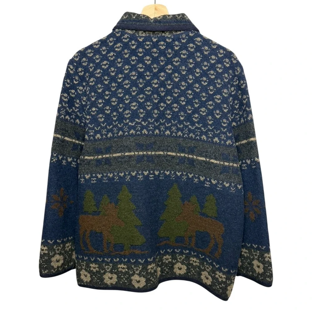 Sonoma Western‎ Rugged Wool Blend Moose Print Cardigan Sweater Navy L Cabincore
